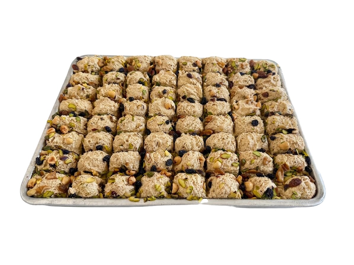 Chałwa sezamowa bakalie krojona jak Baklava – taca 5kg — tradycyjna chałwa turecka sezamowa Oruç Dede, mała manufaktura ze Stambułu, chałwa bez emulgatorów i bez oleju palmowego