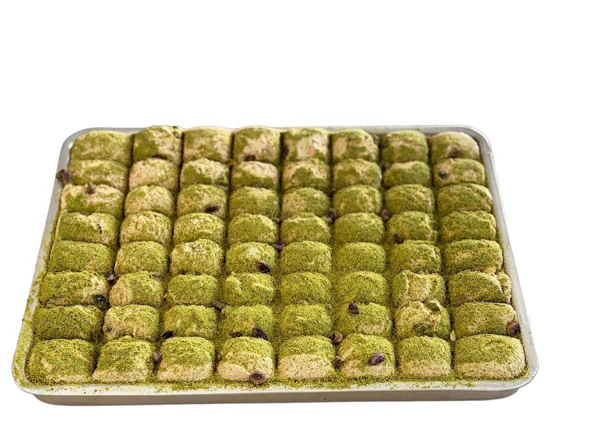 Chałwa sezamowa pistacja krojona jak Baklava – taca 5kg — tradycyjna chałwa turecka sezamowa Oruç Dede, mała manufaktura ze Stambułu, chałwa bez emulgatorów i bez oleju palmowego